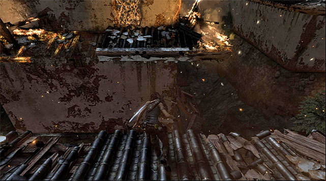 Drop down to the roof fragment below and stand as indicated - Find Sam | 17: Into the Fire Walkthrough - 17: Into the Fire | Walkthrough - Tomb Raider Game Guide