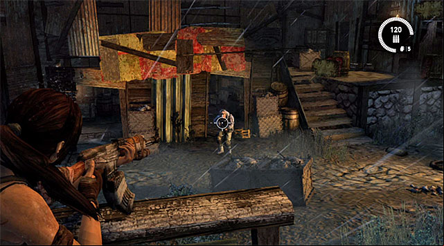 Drop down on the ledge below and assault the first group - Regroup with Sam | 17: Into the Fire Walkthrough - 17: Into the Fire | Walkthrough - Tomb Raider Game Guide