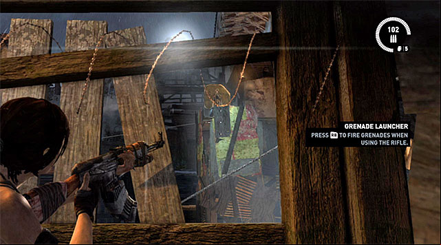 When you step into the next area, wait until the searchlight goes away and place yourself as seen on the above screenshot - Regroup with Sam | 17: Into the Fire Walkthrough - 17: Into the Fire | Walkthrough - Tomb Raider Game Guide