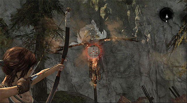 Once the fire burns most of it, shoot a rope arrow at the indicated spot to destroy the effigy altogether (reward: 10 XP) - Laid to Rest | Collectibles: Shantytown - Collectibles: Shantytown - Tomb Raider Game Guide