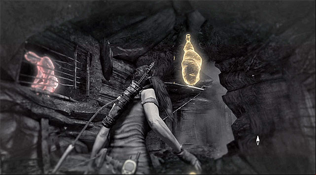 When you reach the area with cages, look up and burn the Sack (reward: 10 XP) - Firestarter | Collectibles: Geothermal Caverns - Collectibles: Geothermal Caverns - Tomb Raider Game Guide