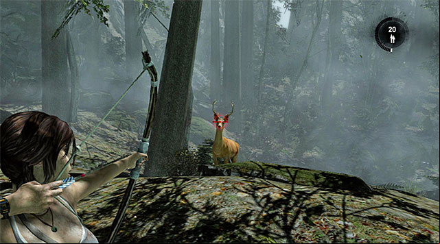 Following the games instruction, get into aiming mode (preferably with zoom), stretch the bowstring, and only then make the shot - Collect Meet from the Deer | 4: Woman Versus Wild Walkthrough - 4: Woman Versus Wild | Walkthrough - Tomb Raider Game Guide