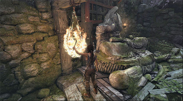 To speed up the process of collecting salvage, you can burn bags, such as the one you see above (ignite the torch at one of the lamps first) - Collect Salvage to Upgrade the Axe | 6: At An Ime Walkthrough - 6: At An Ime | Walkthrough - Tomb Raider Game Guide