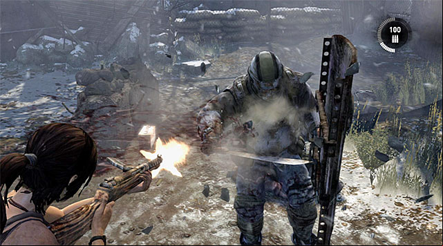 Notice that when he swings the shield in order to hit you, he opens up for moment (screenshot) - Climb the Radio Tower to Send an SOS | 8: Cry for Help Walkthrough - 8: Cry for Help | Walkthrough - Tomb Raider Game Guide