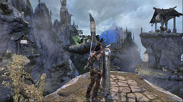 Dont shoot a rope arrow, but drop down to land by a small stream - Reach the Smoke Beacon | 10: Guilty Conscience Walkthrough - 10: Guilty Conscience | Walkthrough - Tomb Raider Game Guide