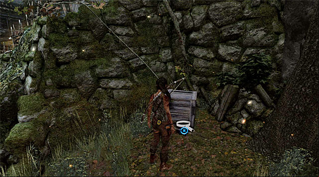 The Cache is on the ground in the dimly lit spot by the crate (reward: 5 XP) - GPS Caches | Collectibles: Mountain Temple - Collectibles: Mountain Temple - Tomb Raider Game Guide