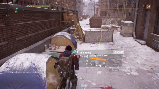 In the alley, you find a small encampment and next to it, there are two collectibles - a phone and an ECHO - Chelsea & Camp Hudson (M1) | Intel data - Intel data - Tom Clancys The Division Game Guide