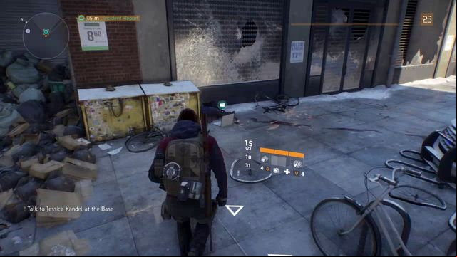 The laptop is by the trashcans at the main road - Chelsea & Camp Hudson (M1) | Intel data - Intel data - Tom Clancys The Division Game Guide