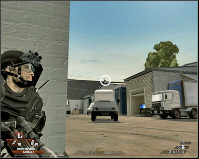 Once you've killed the sniper, focus your attention on neutralizing an enemy heavy machine gun post which can be found to the left (screen) - Scene 4 - Sweatshops - part 1 - Act 2 - Old Vegas - Tom Clancys Rainbow Six: Vegas 2 - Game Guide and Walkthrough