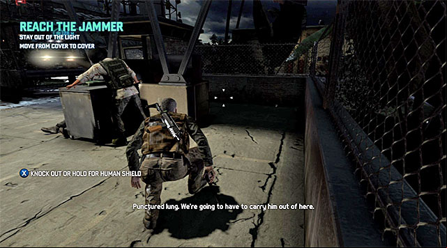 Take the first stop after you have covered a dozen or so meters and wait for the not moving enemy to have another conversation - Reach the jammer - Prologue - Blacklist Zero - Tom Clancys Splinter Cell: Blacklist - Game Guide and Walkthrough