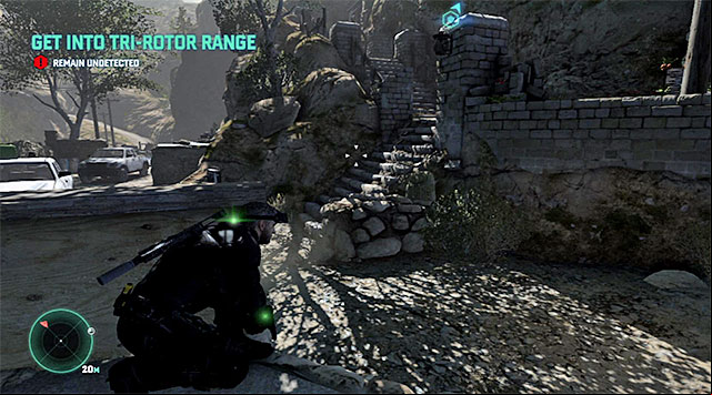 Walk over to the exit from the hut, to the right, and stop at the low wall shown in the above screenshot - Make your way to the area where you take over the drone - Mission 2 - Insurgent Stronghold - Tom Clancys Splinter Cell: Blacklist - Game Guide and Walkthrough