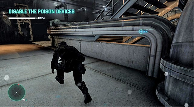 Stop after you reach the corner shown in the above screenshot - Disable the poison devices - Mission 3 - American Consumption - Tom Clancys Splinter Cell: Blacklist - Game Guide and Walkthrough
