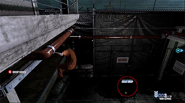 After you reach the ledge above, shimmy to the right and ignore the snipers and the other guards below - Retrieve Fisher's gear - Mission 8 - Detention Facility - Tom Clancys Splinter Cell: Blacklist - Game Guide and Walkthrough
