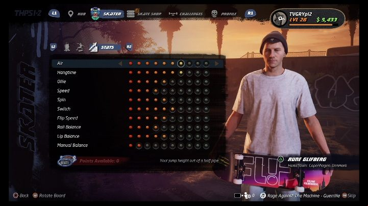 Basic skills can be developed with the points - Tony Hawks Pro Skater 1+2: Rune Glifberg guide, skills - Original skaters - Tony Hawks Pro Skater 1+2 Guide