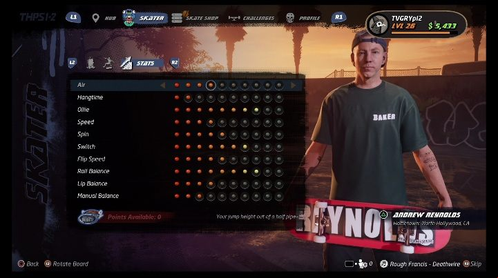 Basic skills can be developed with the points - Tony Hawks Pro Skater 1+2: Andrew Reynolds guide, skills - Original skaters - Tony Hawks Pro Skater 1+2 Guide