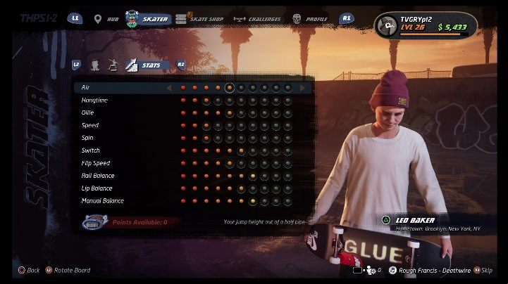 Basic skills can be developed with the points - Tony Hawks Pro Skater 1+2: Leo Baker guide, skills - New skaters - Tony Hawks Pro Skater 1+2 Guide