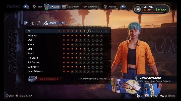 Basic skills can be developed with the points - Tony Hawks Pro Skater 1+2: Lizzie Armanto guide, skills - New skaters - Tony Hawks Pro Skater 1+2 Guide