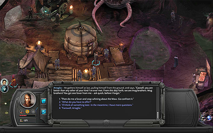 You can encourage Artaglio to go to the Maw. - Dracogens Price - main quest walkthrough | Memoviras Courtyard - Bloom: Memoviras Courtyard - Torment: Tides of Numenera Game Guide