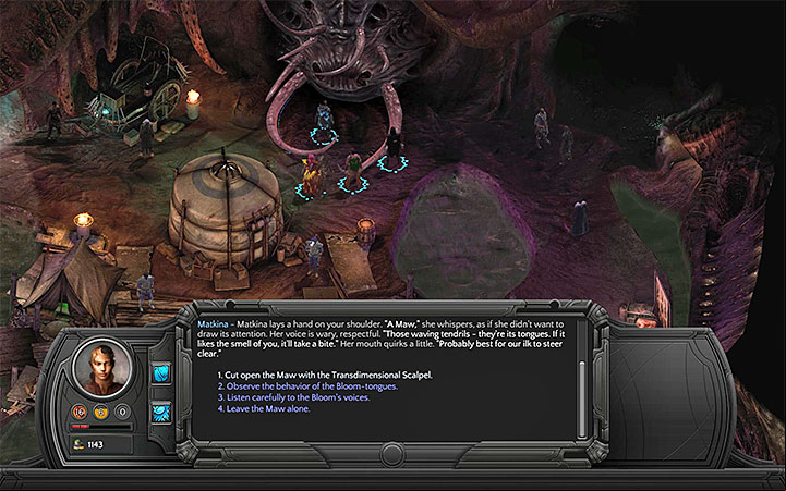 Opt for using the scalpel - Dracogens Price - main quest walkthrough | Memoviras Courtyard - Bloom: Memoviras Courtyard - Torment: Tides of Numenera Game Guide