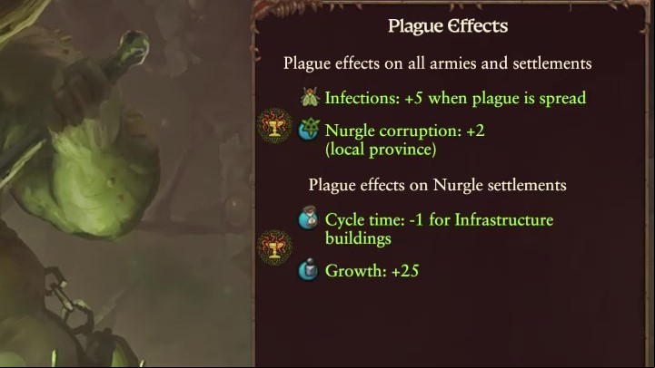 On the right, you can see a screen that provides a summary of the effects of the plague you are creating - Total War Warhammer 3: Nurgle - unique mechanics - Nurgle - Total War Warhammer 3 Guide