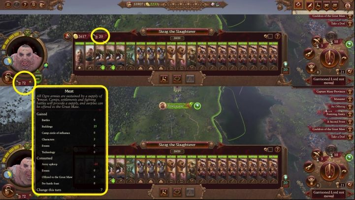 If you choose an army, you will see a meat icon next to its maintenance costs - Total War Warhammer 3: Ogre Kingdoms - Unique mechanics - Ogre Kingdoms - Total War Warhammer 3 Guide