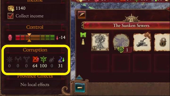 You can check the province corruption level by selecting any settlement. It will appear in the lower left corner. - Total War Warhammer 3: Rifts and Corruption - Basics - Total War Warhammer 3 Guide