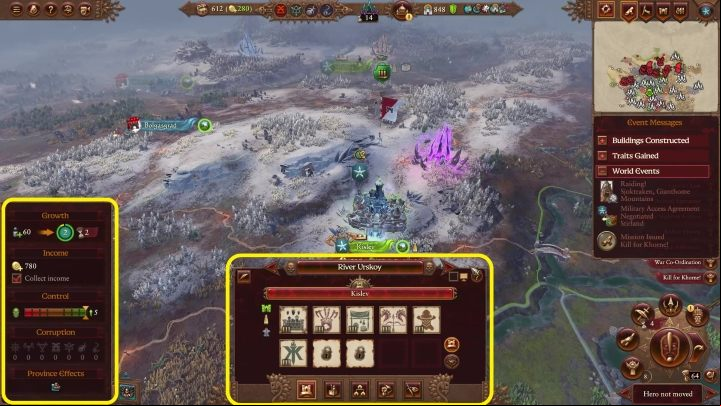 In the middle you can see information about the province / army - buildings, army/garrison size, etc - Total War Warhammer 3: Interface - Campaign Map - Total War Warhammer 3 Guide