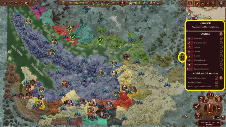It puts colors on the world map and shows a broader perspective - Total War Warhammer 3: Interface - Campaign Map - Total War Warhammer 3 Guide