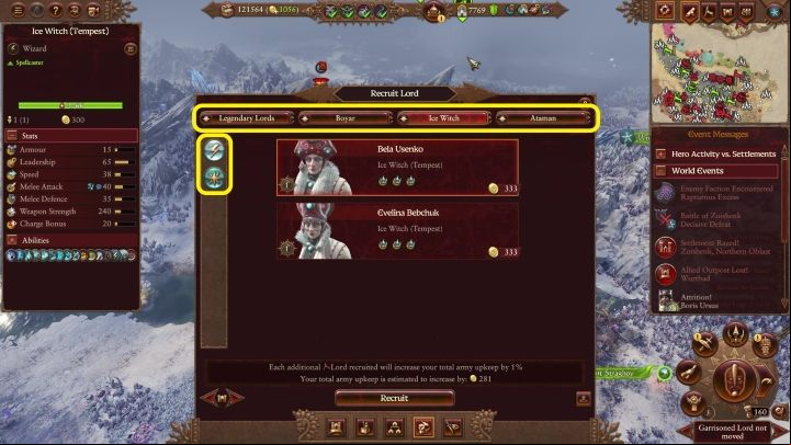 At the very top of the tab, you can choose the type of lord who will lead your army - Total War Warhammer 3: Army - Recruitment and replenishment - Military - Total War Warhammer 3 Guide