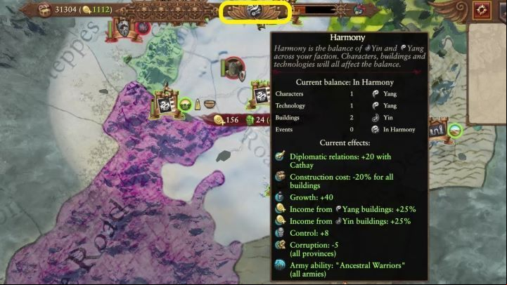 You can check your Harmony on the top of the screen, in the middle - Total War Warhammer 3: Grand Cathay - Unique mechanics - Grand Cathay - Total War Warhammer 3 Guide