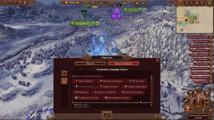 If you select the Victory Conditions tab, you will be able to view your campaign objectives and track your progress in completing them - Total War Warhammer 3: Objectives, missions, victory conditions - Basics - Total War Warhammer 3 Guide