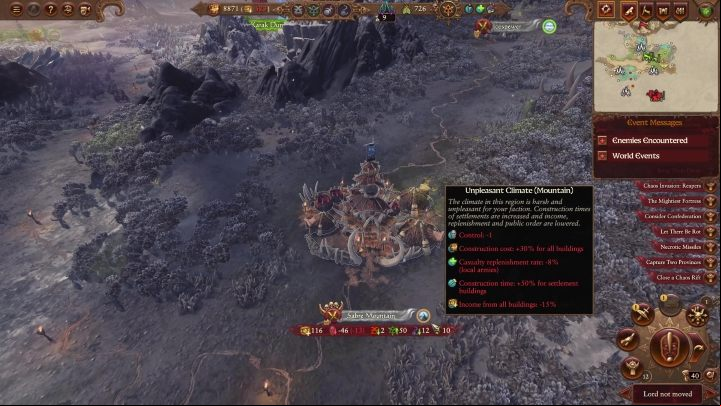If you settle on orange and red territories, you'll face some penalties - Total War Warhammer 3: Settlement development, buildings and climate - Basics - Total War Warhammer 3 Guide
