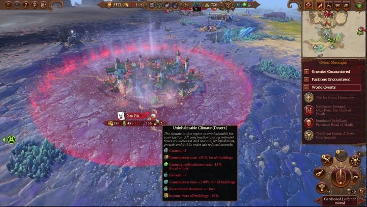 If you settle in the worst climate for your race, you need to prepare for a 3-point decrease in your control, 50% increase in building costs, 15% slower army supplement, -7 to growth, 100% longer construction time, 1 turn recruitment time and -50% of income from all buildings - Total War Warhammer 3: Settlement development, buildings and climate - Basics - Total War Warhammer 3 Guide
