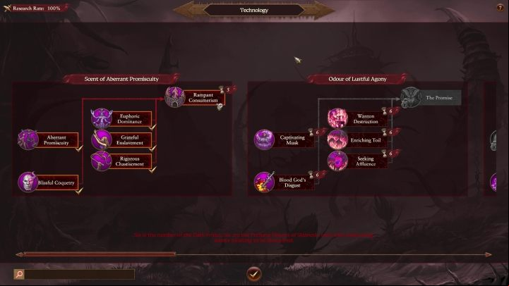 You should start off by developing the first tree - Scent of Aberrant Promiscuity - Total War Warhammer 3: Slaanesh - Technologies and buildings - Slaanesh - Total War Warhammer 3 Guide