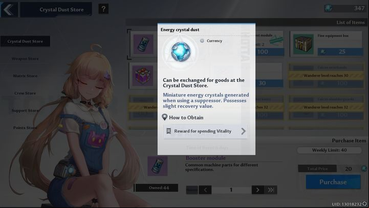 Energy crystal dust is the currency you receive for using Vitality in modes such as t Operation, Dimensional Trials, Interstellar Exploration, Omnium Beacon and Spacetime Domain - Tower of Fantasy: In-game currency - Basics - Tower of Fantasy Guide