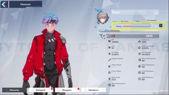 Satiety is displayed in your character sheet just above the level - Tower of Fantasy: Food and Satiety - what does it do? - FAQ - Tower of Fantasy Guide