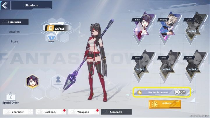 To activate it you must enter the Simulacra tab, select the character in question and move the slider under the character portraits - Tower of Fantasy: Simulacra - Basics - Tower of Fantasy Guide