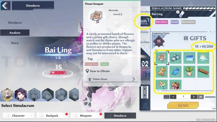 To give someone a gift you must select the character you want to enhance your relationship with, enter the Gift tab and decide which gift you want to gift them - Tower of Fantasy: Simulacra - Basics - Tower of Fantasy Guide