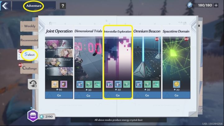To start Interstellar Exploration you must first enter the Adventure menu (upper-right corner), then the Select tab - Tower of Fantasy: Interstellar Exploration - Adventure - Tower of Fantasy Guide