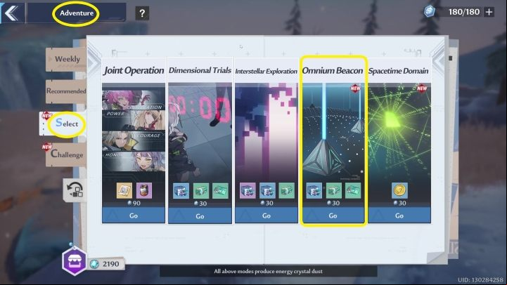 To start the Omnium Beacon mode you must first enter the Adventure menu (upper-right corner), then the Select tab - Tower of Fantasy: Omnium Beacon - Adventure - Tower of Fantasy Guide
