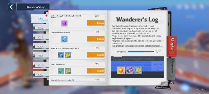 On the right, in each of the 7 chapters, you will find useful information - Tower of Fantasy: Wanderers Log - Basics - Tower of Fantasy Guide