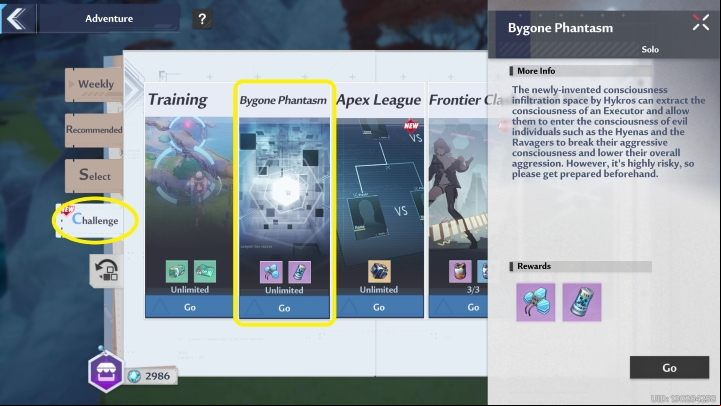 To take part in Bygone Phantasm, you must enter the Adventure menu (upper right corner), and then select Challenge tab - Tower of Fantasy: Bygone Phantasm - Adventure - Tower of Fantasy Guide