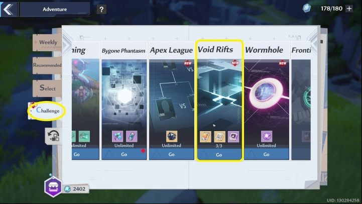 To start the Void Rifts mode you must first enter the Adventure menu (upper-right corner), then the Challenge tab - Tower of Fantasy: Void Rifts - Adventure - Tower of Fantasy Guide