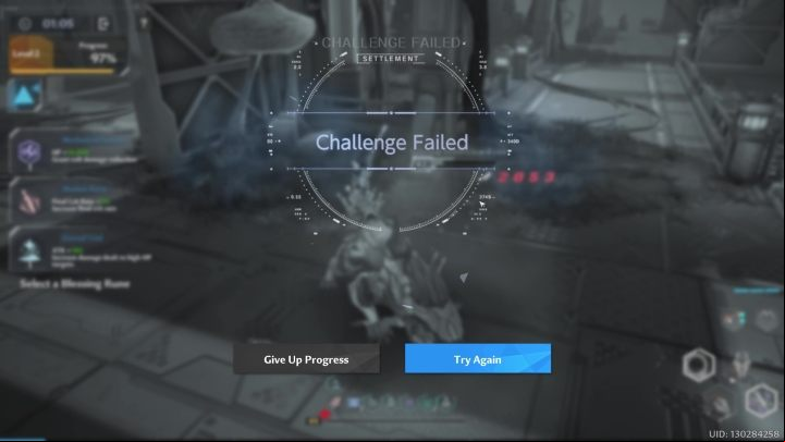 If you die, the game will let you Try Again or Give Up Progress - Tower of Fantasy: Wormhole - Adventure - Tower of Fantasy Guide
