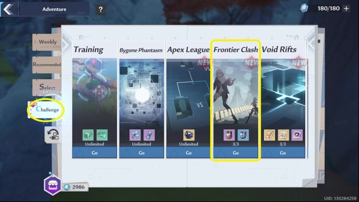 To start the Frontier Clash mode you must first enter the Adventure menu (upper-right corner), then the Challenge tab - Tower of Fantasy: Frontier Clash - Adventure - Tower of Fantasy Guide