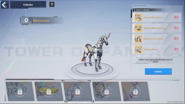 To unlock the Monocross, which is a unicorn-shaped vehicle, you have to obtain 4 parts - Tower of Fantasy: Vehicles - list of all, how to unlock? - Basics - Tower of Fantasy Guide