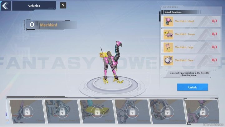 Mechbird parts only appear during Terrible Invasion event - Tower of Fantasy: Vehicles - list of all, how to unlock? - Basics - Tower of Fantasy Guide