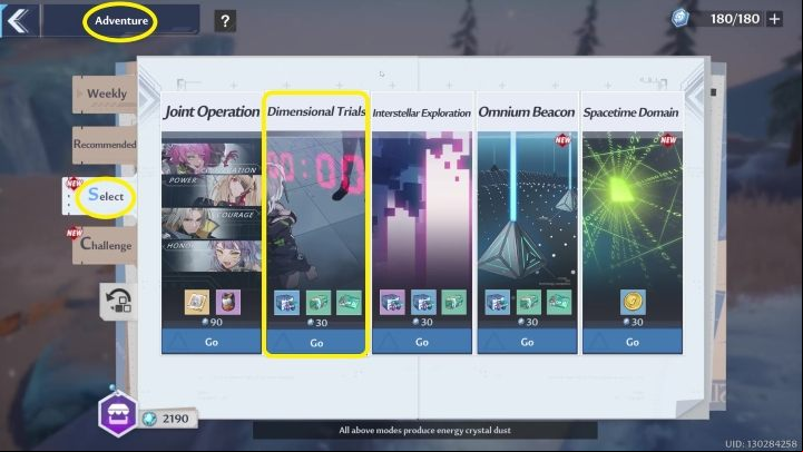 To start Dimensional Trials, you must first enter the Adventure menu (upper-right corner), then the Select tab - Tower of Fantasy: Dimensional Trials - Adventure - Tower of Fantasy Guide