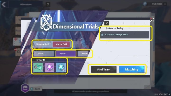 After entering the Dimensional Trials tab, first select if you want to take part in Weapon or Matrix Drill (center of the screen on the left) - Tower of Fantasy: Dimensional Trials - Adventure - Tower of Fantasy Guide