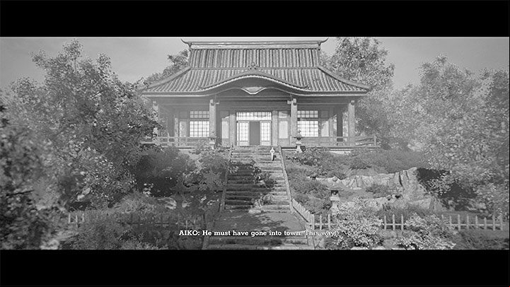 Go back to the dojo, use the main exit of the building (or you can go around it if necessary), and use the wide stairs leading towards the village - Trek to Yomi: Chapter 1 - walkthrough - Walkthrough - Trek to Yomi Guide